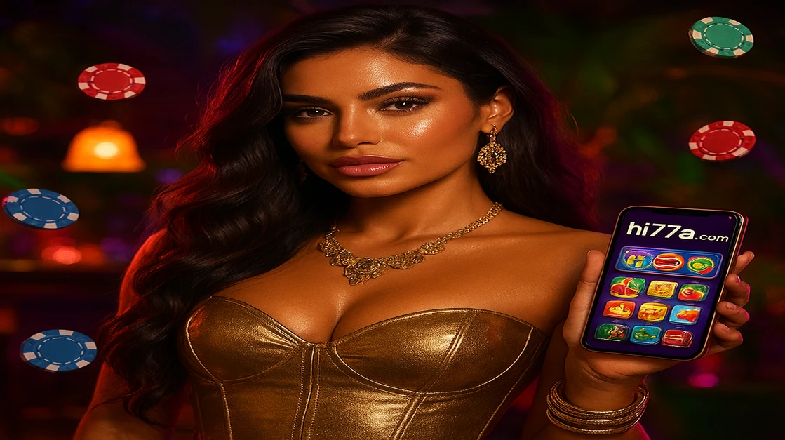 ট্রপিক্যাল গেমিং প্ল্যাটফর্ম সেটিং-এ একজন দৃষ্টিনন্দন নারী hi77 অ্যাপসহ একটি স্মার্টফোন ধরেছেন; চারদিকে সোনালি, বিটকয়েন-স্টাইল মুদ্রা পড়ছে, আধুনিক ও উত্তেজনাপূর্ণ গেমিং প্ল্যাটফর্মকে উদ্ভাসিত করছে।